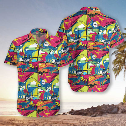 Colorful Comic Dinosaur View Pattern Hawaiian Shirt, Hawaiian For Gift