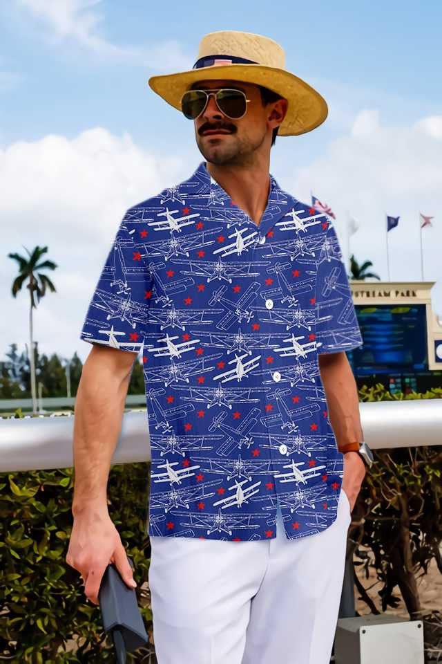 Retro Airplane With Stars Pattern Hawaiian Shirt,Hawaiian Shirt Gift, Christmas Gift