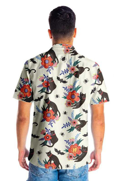 Black Bats And Cats On White Dramatic Hawaiian Shirt, Hawaiian Shirt Gift, Christmas Gift