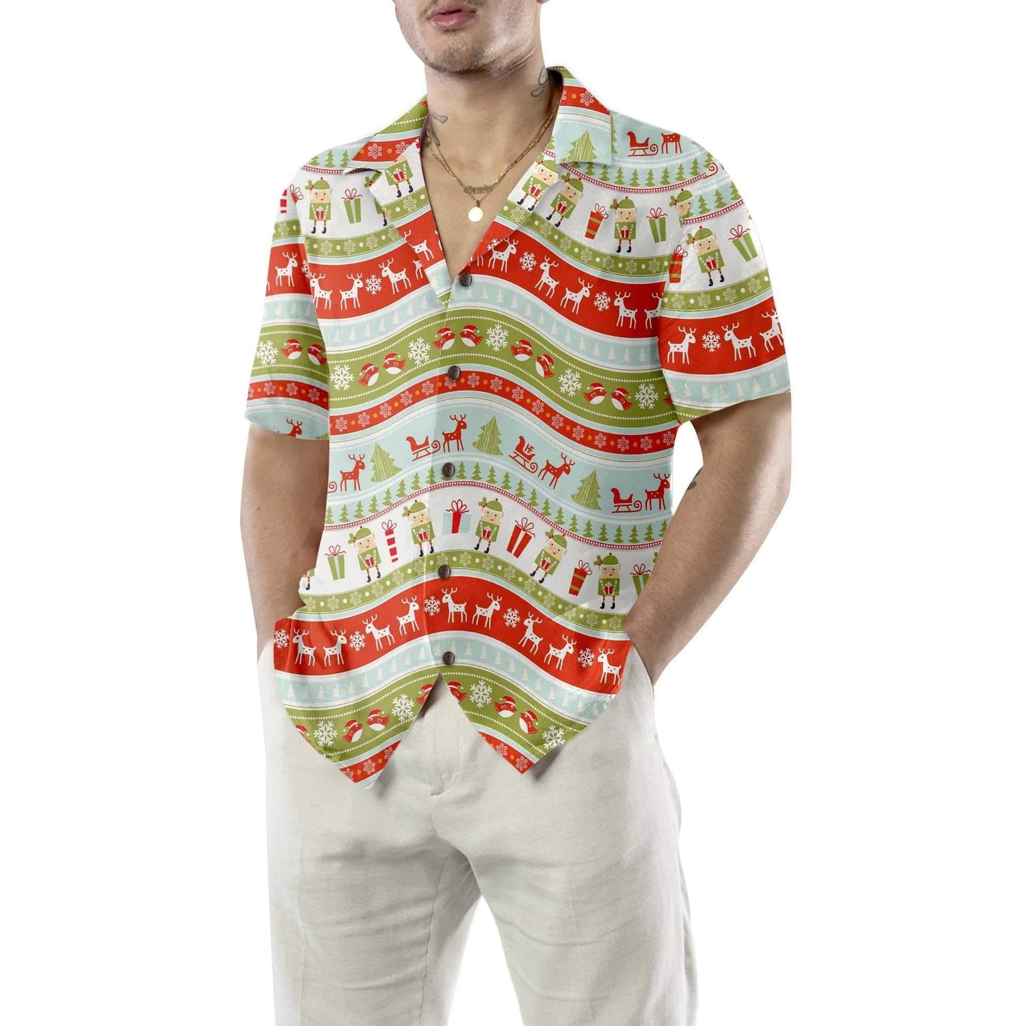 Vintage Christmas Elf Wavy Pattern Hawaiian Shirt, Hwaiian For Gift