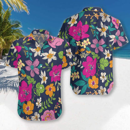 Colorful Floral And Leaf Pattern Hawaiian Shirt, Hawaiian For Gift