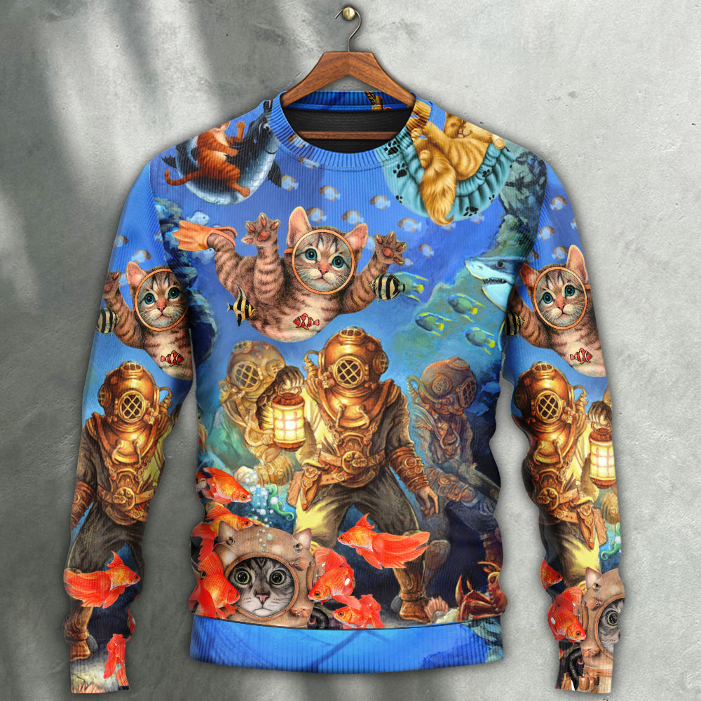 Diving Cat Under The Sea Art Style Ugly Christmas Sweater, Christmas Gift, Gift Christmas 2024