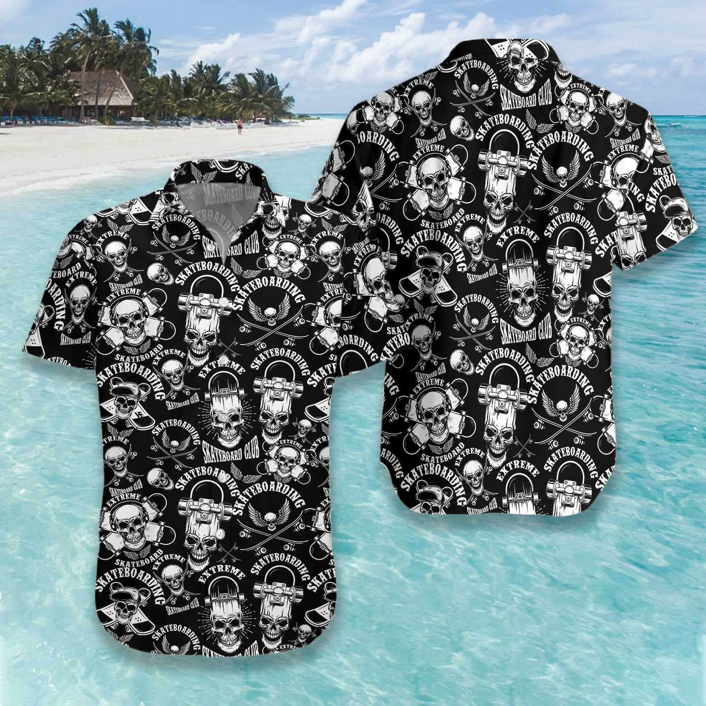 Enticing Skateboard Emblems In Monochrome Style Hawaiian Shirt,Hawaiian Shirt Gift, Christmas Gift