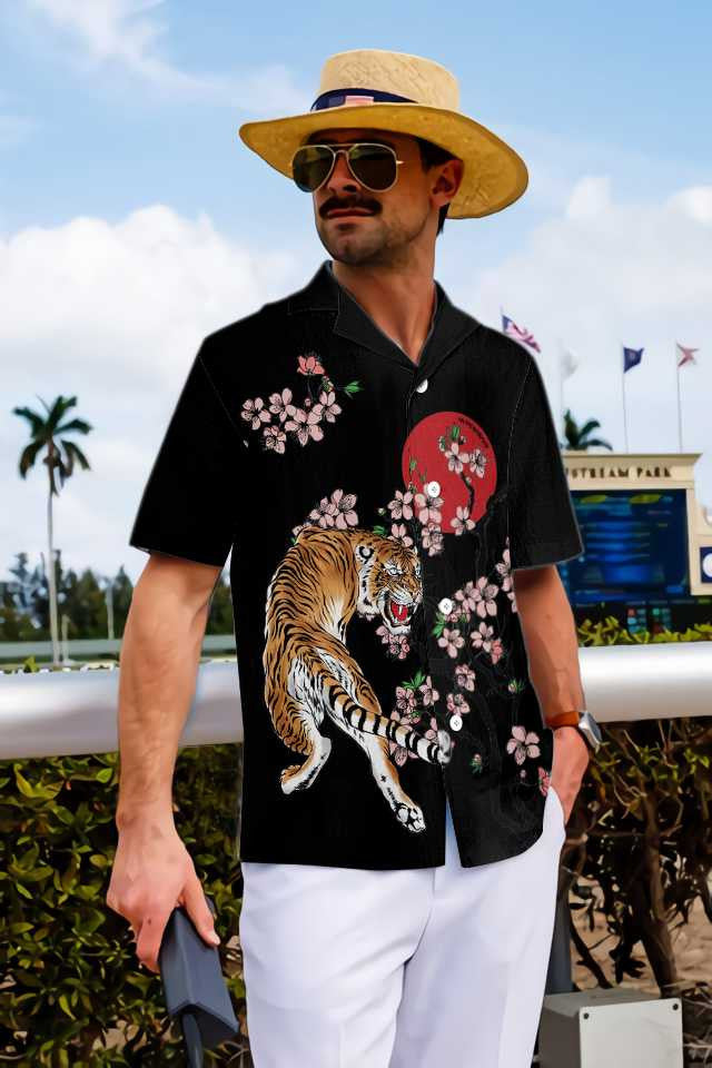 Red Sun Japanese Tiger Sakura Design Hawaiian Shirt,Hawaiian Shirt Gift, Christmas Gift