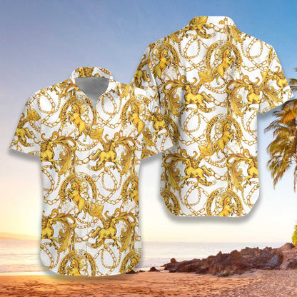 Luxury Golden Horses Classic Pattern Hawaiian Shirt,Hawaiian Shirt Gift, Christmas Gift