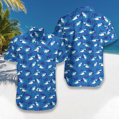 Shark Pattern Blue Theme Nice Design Hawaiian Shirt,Hawaiian Shirt Gift, Christmas Gift
