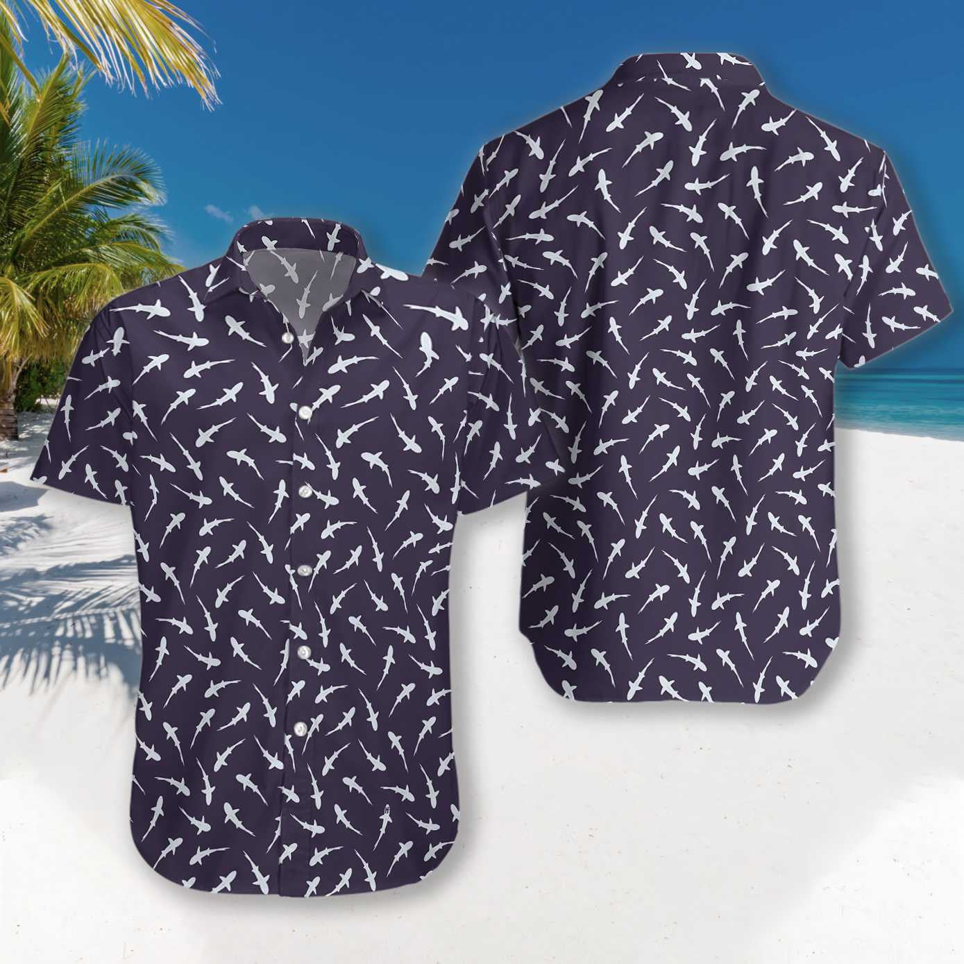Shark Pattern On Dark Ble Background Hawaiian Shirt,Hawaiian Shirt Gift, Christmas Gift