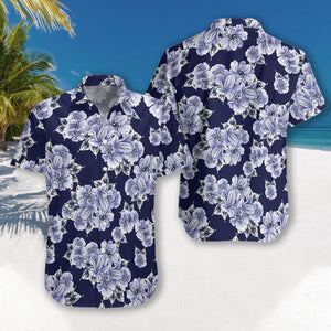 White Floral On Blue Background Design Hawaiian Shirt, Hwaiian For Gift