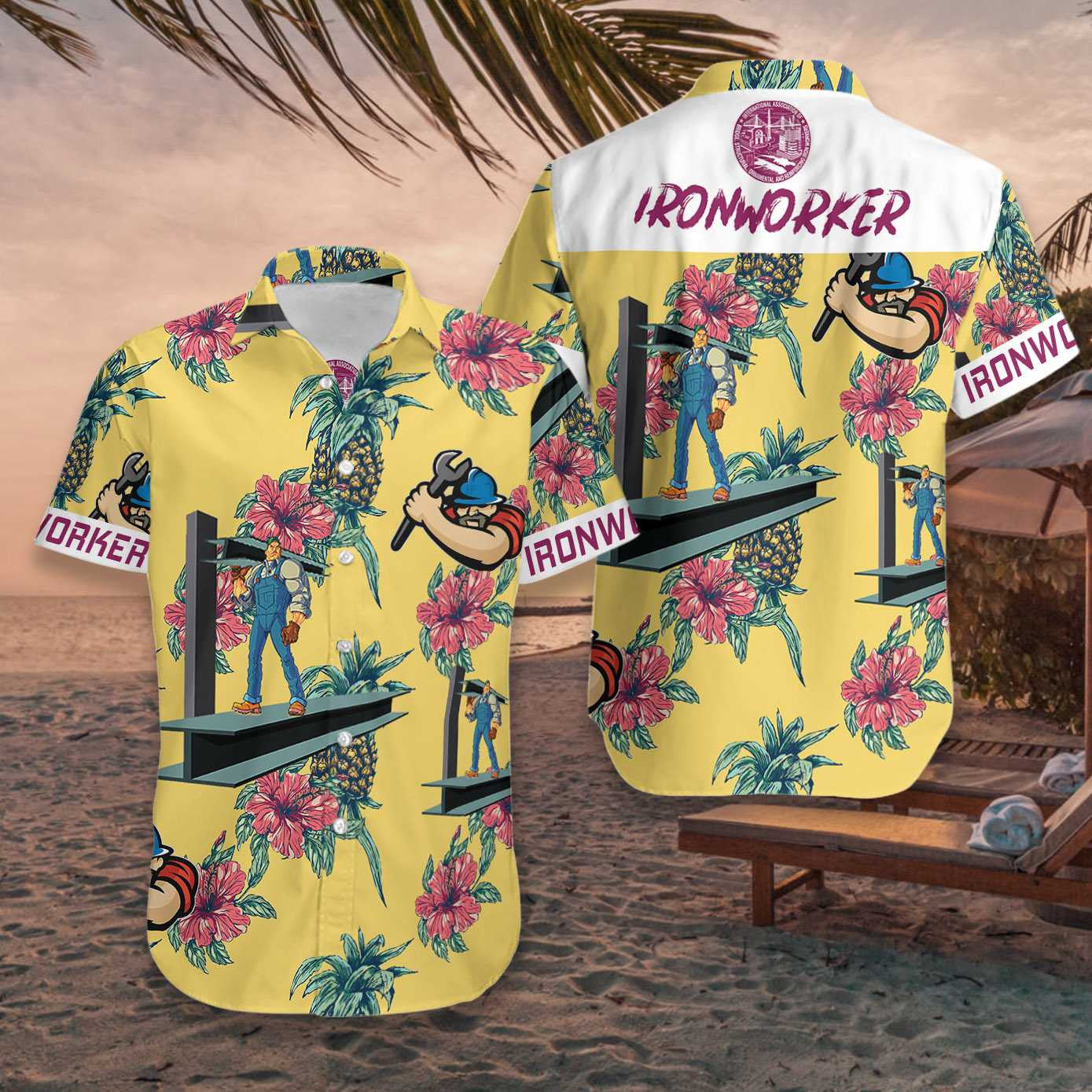 Ironworker Pineapple Seamless Pattern Yellow Background Hawaiian Shirt,Hawaiian Shirt Gift, Christmas Gift