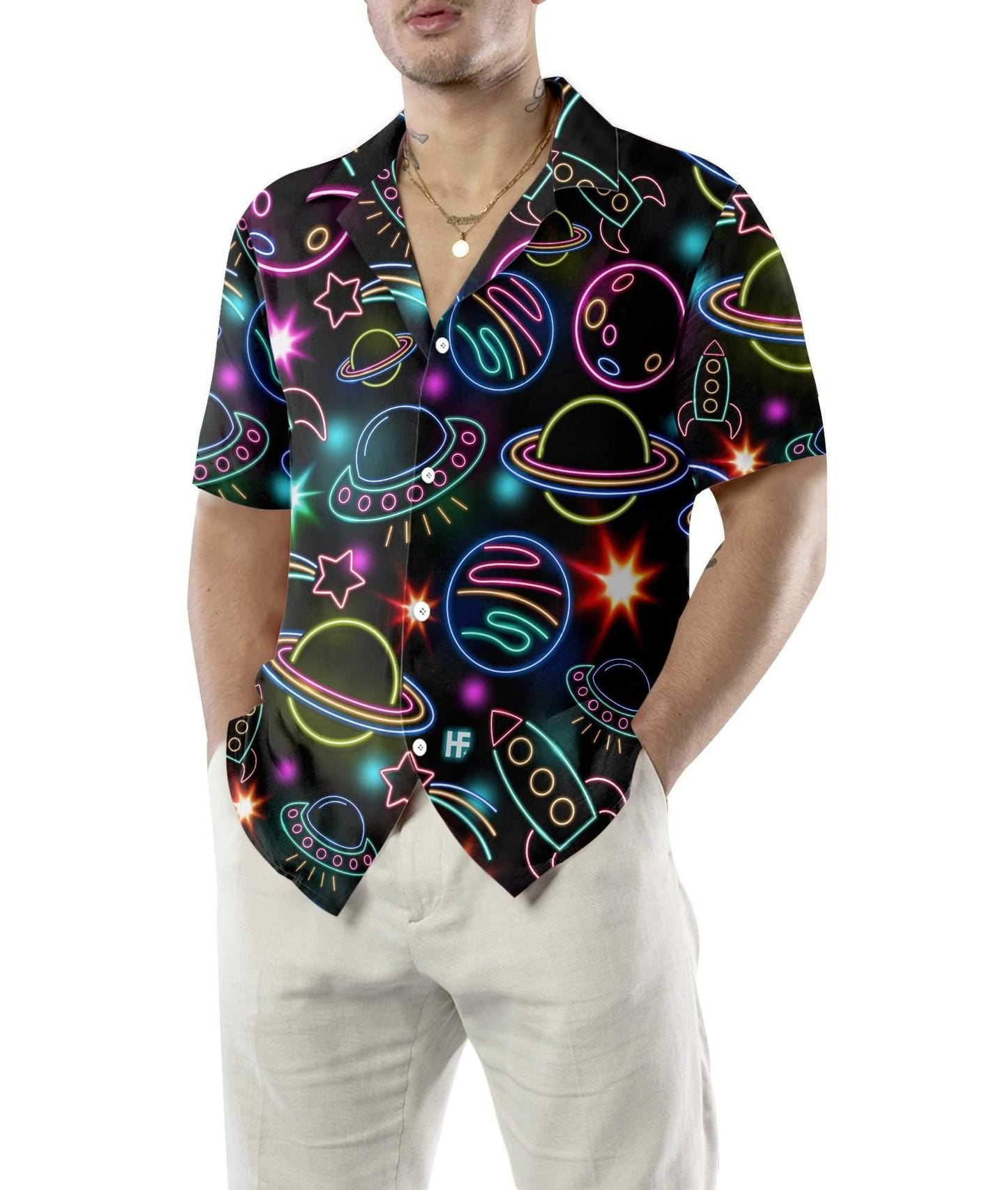 Neon Glowing Space With Rainbow Star Design Hawaiian Shirt, Hawaiian Shirt Gift, Christmas Gift