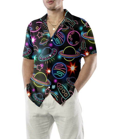 Neon Glowing Space With Rainbow Star Design Hawaiian Shirt, Hawaiian Shirt Gift, Christmas Gift