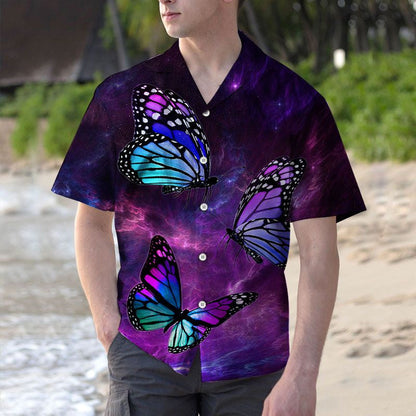 Vivid Watercolor Colored Butterfly Purple Sky Themed Pattern Hawaiian Shirt, Hawaiian Shirt Gift, Christmas Gift