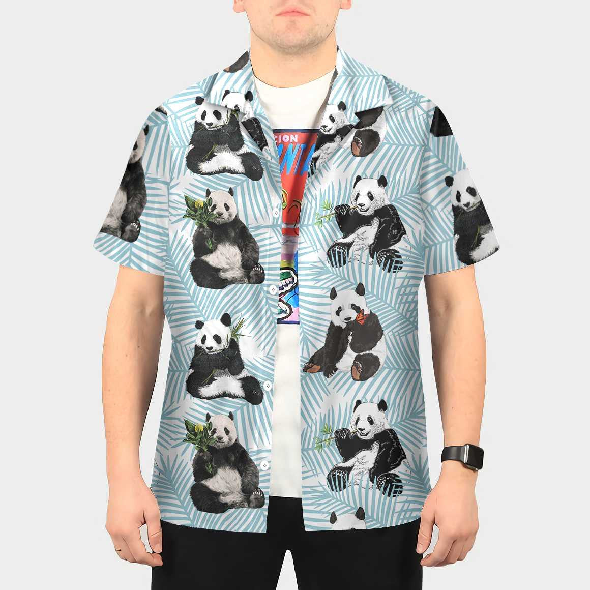 Dearadh Éadrom Spéir Gorm Léine Haváís Panda Ar Dhuilleoga Palm, Bronntanas Léine Haváíais, Bronntanas Nollag