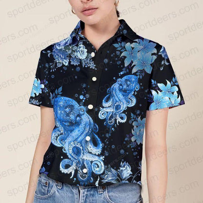 Blue Octopus Pattern Black Theme Hawaiian Shirt, Hawaiian For Gift