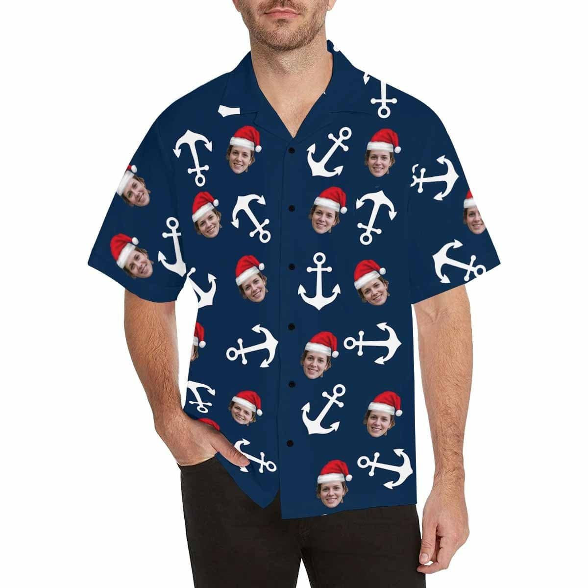 White Anchor In Blue Custom Photo Hawaiian Shirt, Hwaiian For Gift