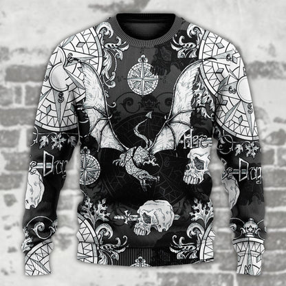 Dragon Snorting Fire Gothic Nautical Compass And Baroque Ugly Christmas Sweater, Christmas Gift, Gift Christmas 2024