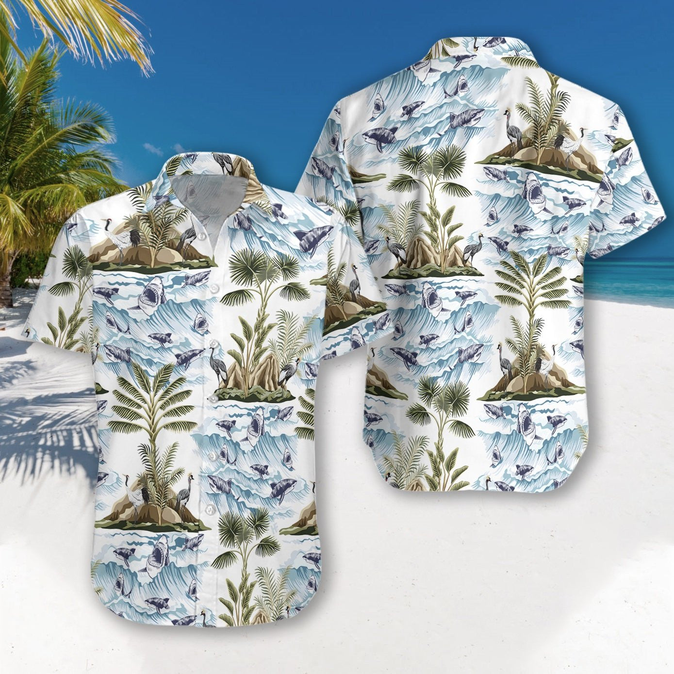 Shark With Lovely Island Pattern Hawaiian Shirt, Hawaiian Shirt Gift, Christmas Gift
