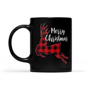 Merry Christmas Reindeer Buffalo Plaid Pattern Funny.  Black Mug Gift For Christmas