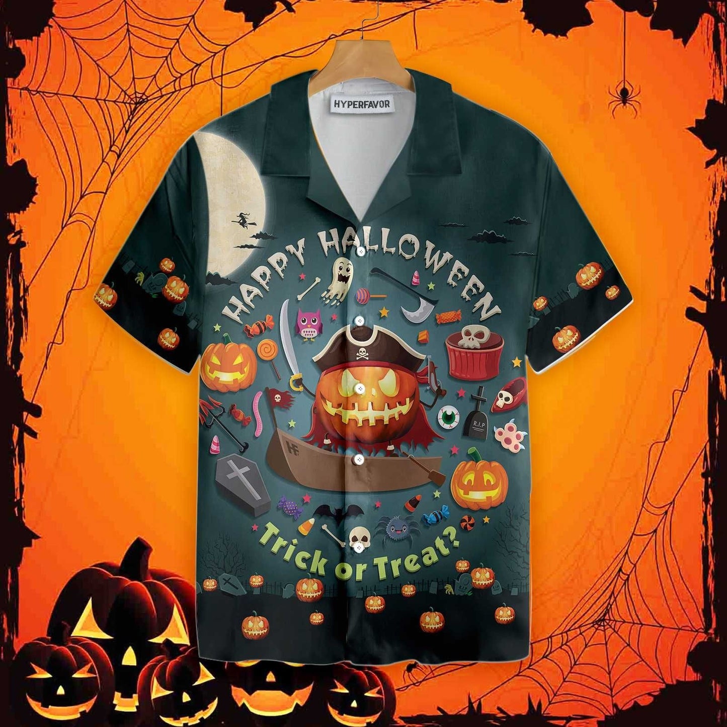 Halloween Pumpkin Pirate And Candy Design Hawaiian Shirt, Hawaiian For Gift