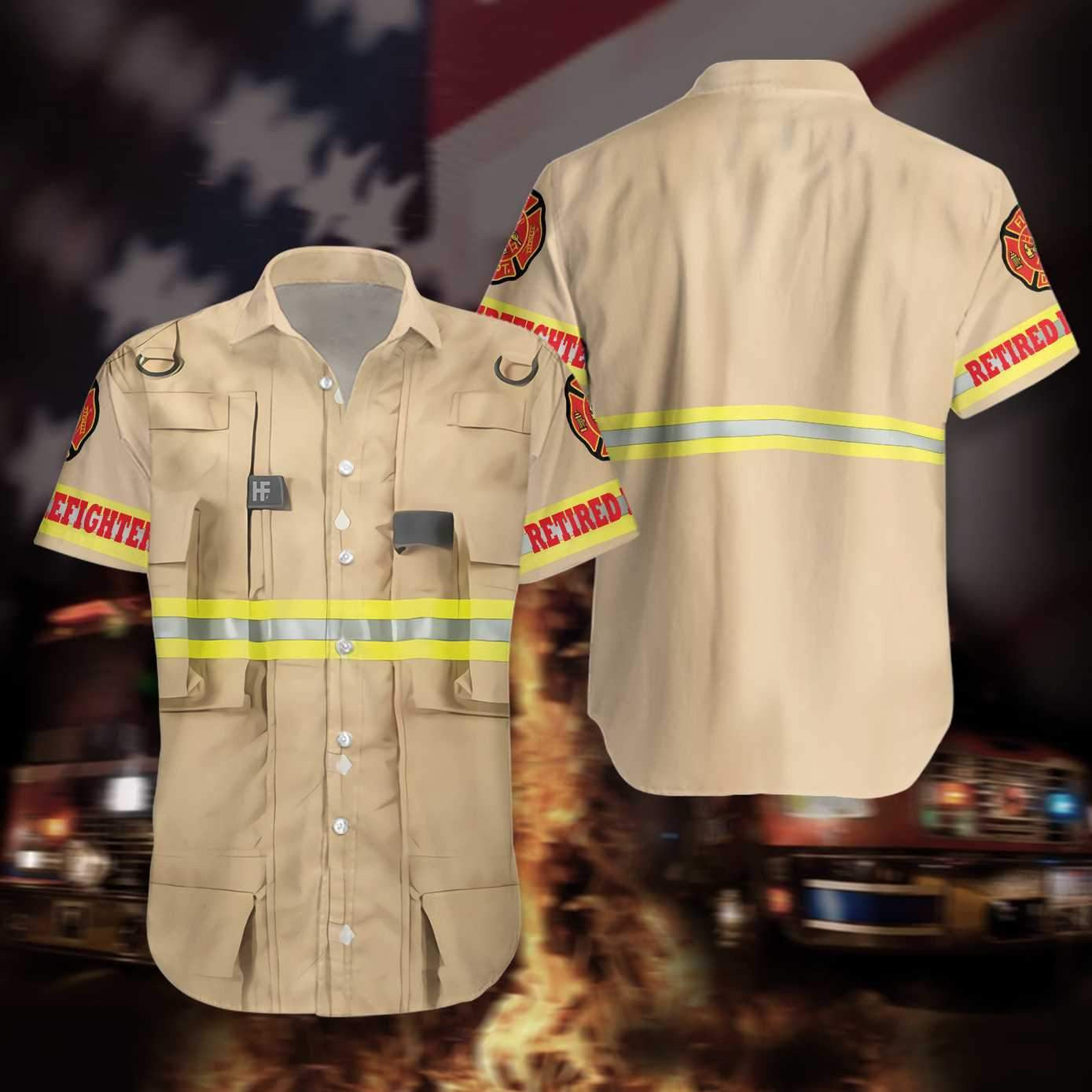 Proud Retired Firefighter On Tan Design Hawaiian Shirt,Hawaiian Shirt Gift, Christmas Gift