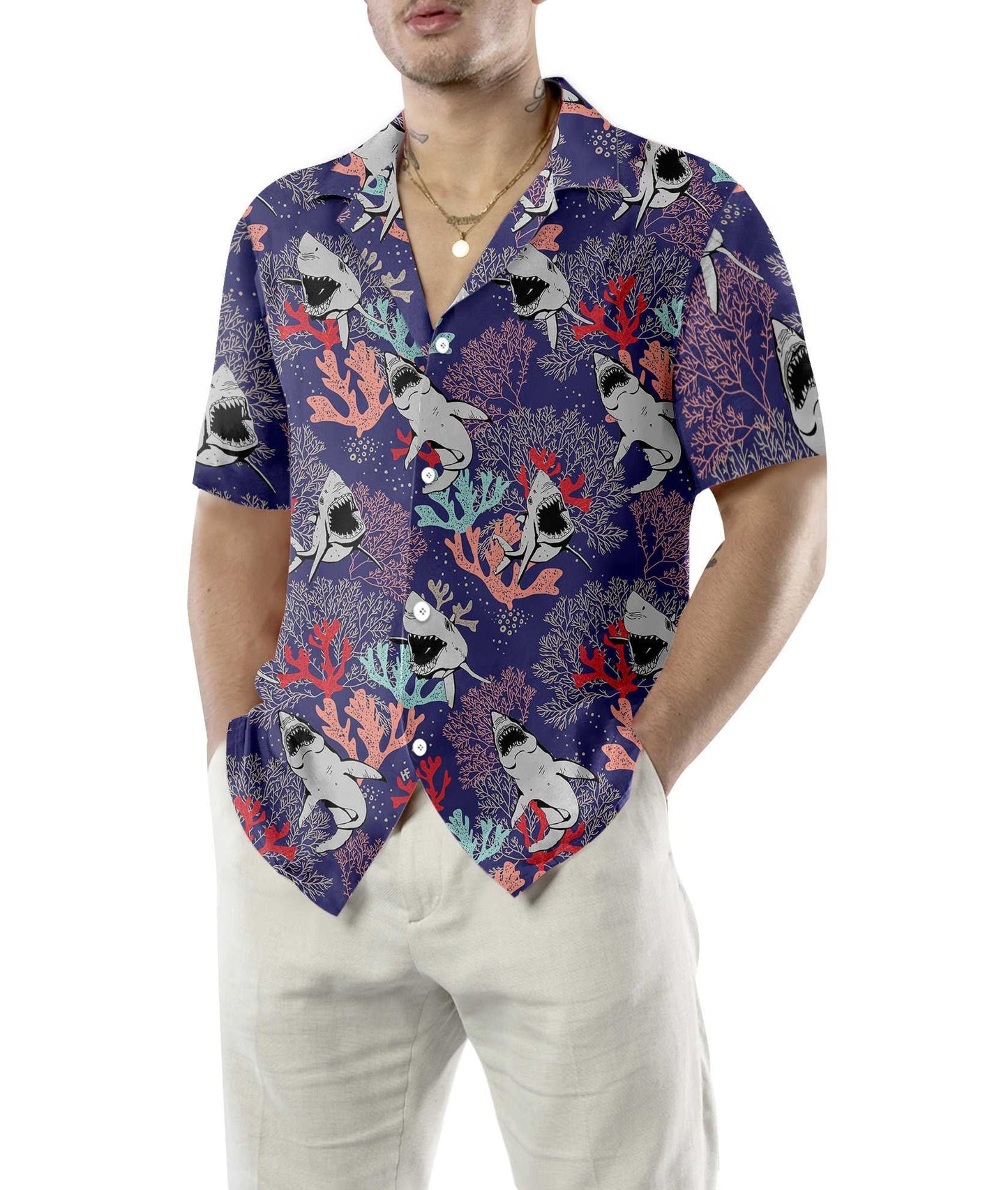 Aquatic Ecosystem Blue Ocean Coral Sharks Hawaiian Shirt,Hawaiian Shirt Gift, Christmas Gift