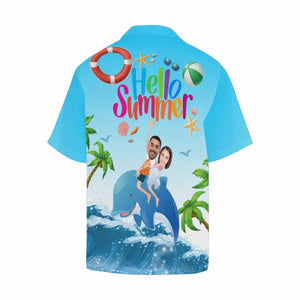 Hello Summer Funny Couple Riding Dolphin Custom Photo Hawaiian Shirt, Hawaiian Shirt Gift, Christmas Gift