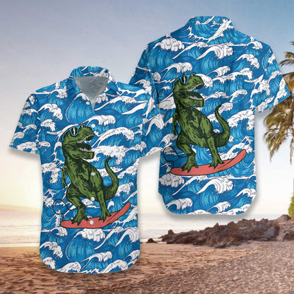 Surfing T-Rex Dinosaur Beautiful Waves Pattern Hawaiian Shirt, Hawaiian Shirt Gift, Christmas Gift