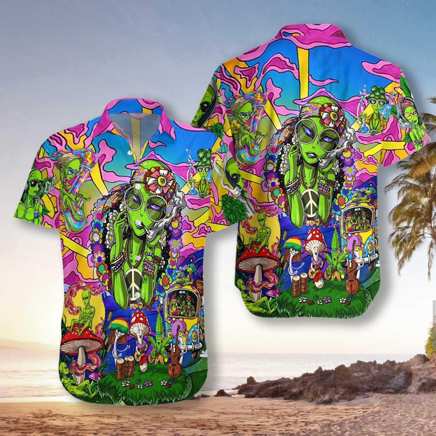 Hippie Alien Colorful Design Impressive Pattern Hawaiian Shirt,Hawaiian Shirt Gift, Christmas Gift