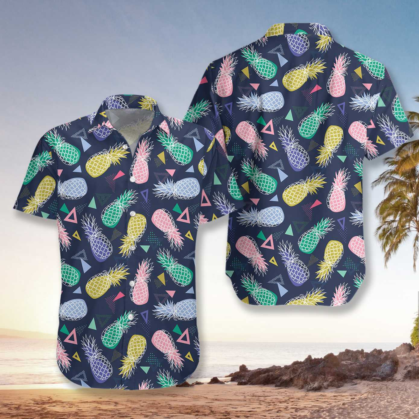 Colorful Pineapple Fruits In Memphis Style Design Hawaiian Shirt, Hawaiian Shirt Gift, Christmas Gift