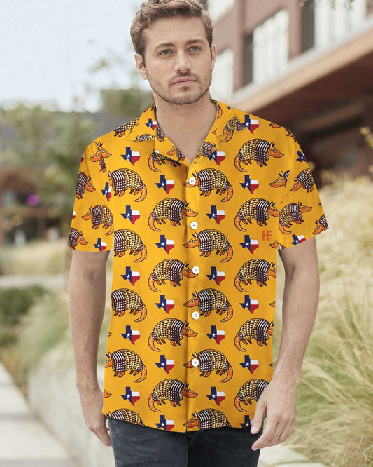 Texas Proud Armadillo On Gold Background Design Hawaiian Shirt, Hawaiian Shirt Gift, Christmas Gift