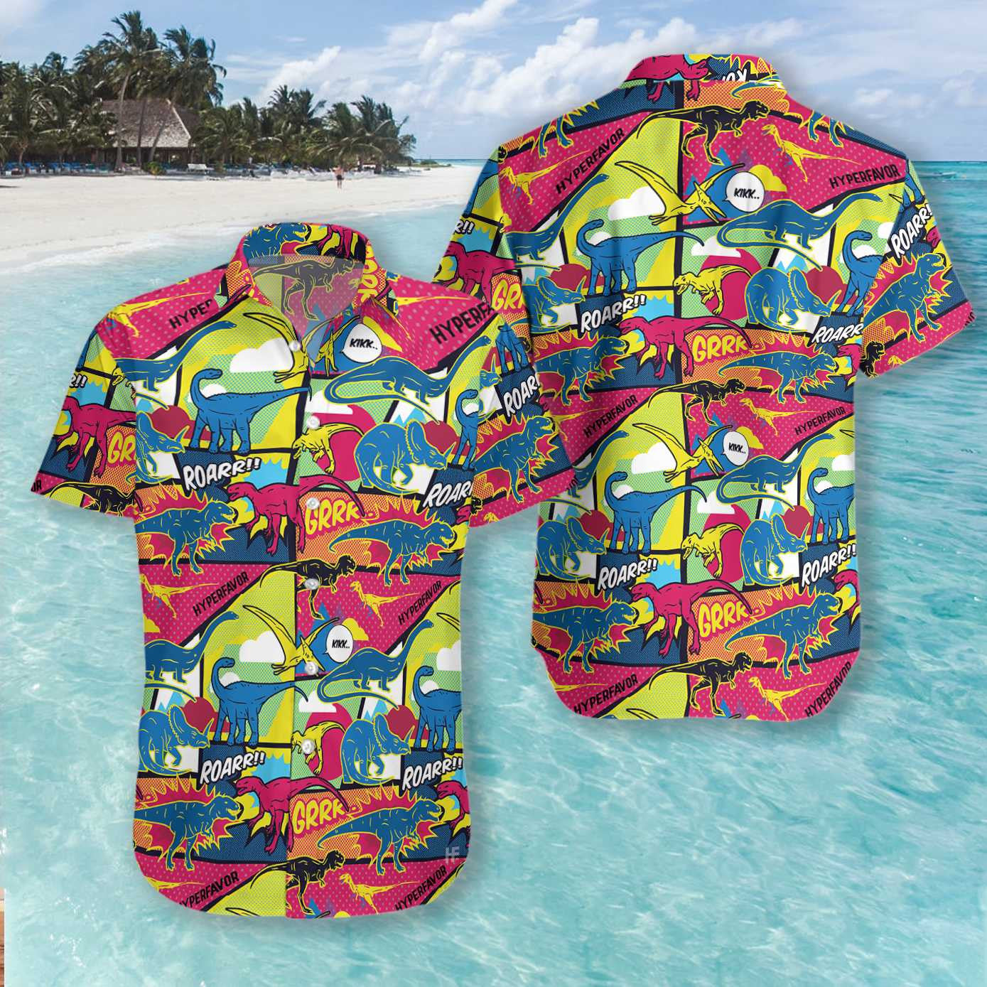 Colorful Comic Dinosaur View Pattern Hawaiian Shirt, Hawaiian For Gift