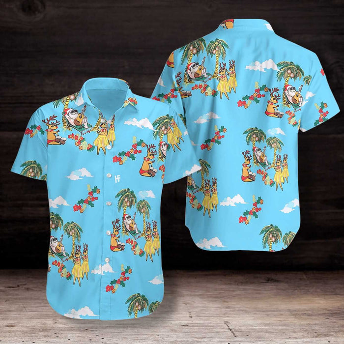 Merry Christmas Santa Claus On Sky Blue Pattern Design Hawaiian Shirt, Hawaiian Shirt Gift, Christmas Gift.