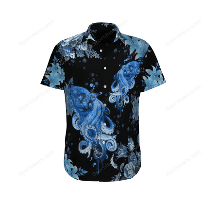 Blue Octopus Pattern Black Theme Hawaiian Shirt, Hawaiian For Gift