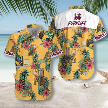 Forklift Pineapple Seamless Pattern Gold Design Hawaiian Shirt,Hawaiian Shirt Gift, Christmas Gift