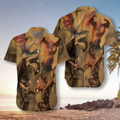 Dragon On The Castle Vintage Style Hawaiian Shirt,Hawaiian Shirt Gift, Christmas Gift