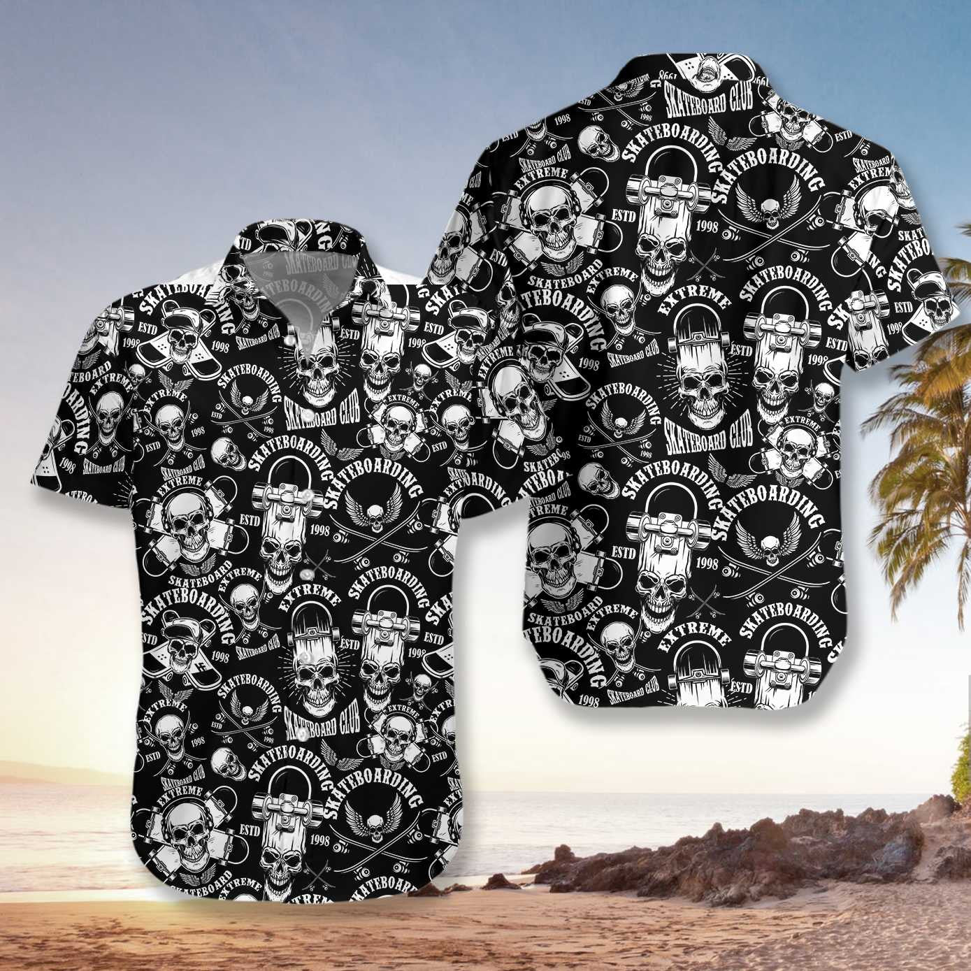 Skateboard Emblems In Monochrome Style Design Hawaiian Shirt,Hawaiian Shirt Gift, Christmas Gift