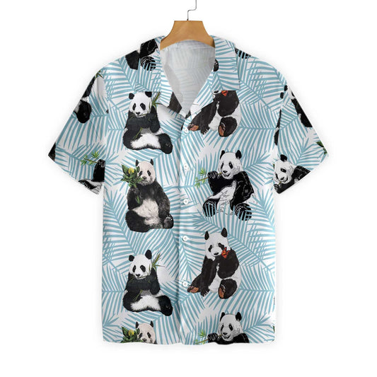 Dearadh Éadrom Spéir Gorm Léine Haváís Panda Ar Dhuilleoga Palm, Bronntanas Léine Haváíais, Bronntanas Nollag