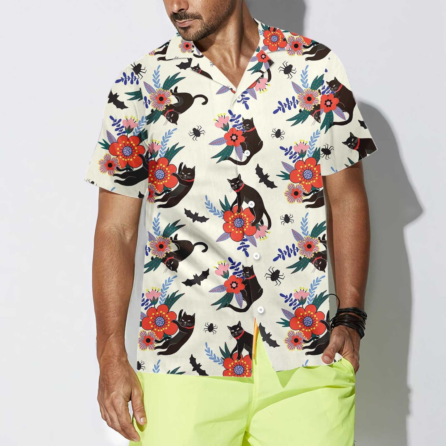Black Bats And Cats On White Dramatic Hawaiian Shirt, Hawaiian Shirt Gift, Christmas Gift
