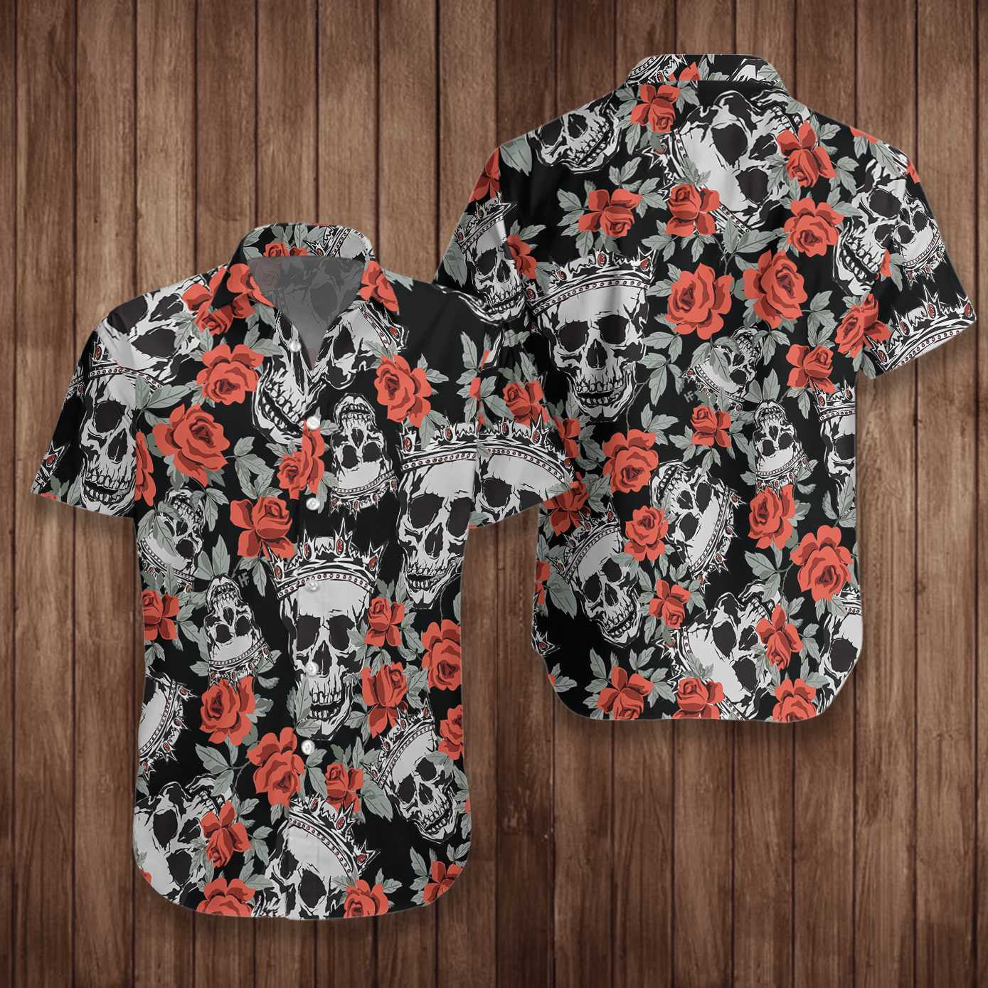 Nice Skull With Crown And Red Rose Hawaiian Shirt,Hawaiian Shirt Gift, Christmas Gift
