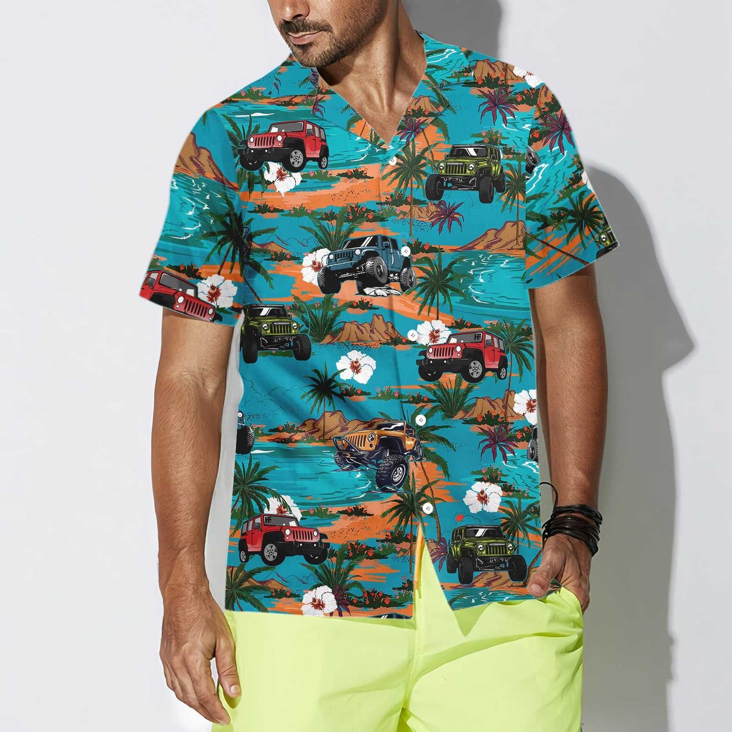 Teel Background Jeep Car Retro Summer Hawaiian Shirt,Hawaiian Shirt Gift, Christmas Gift