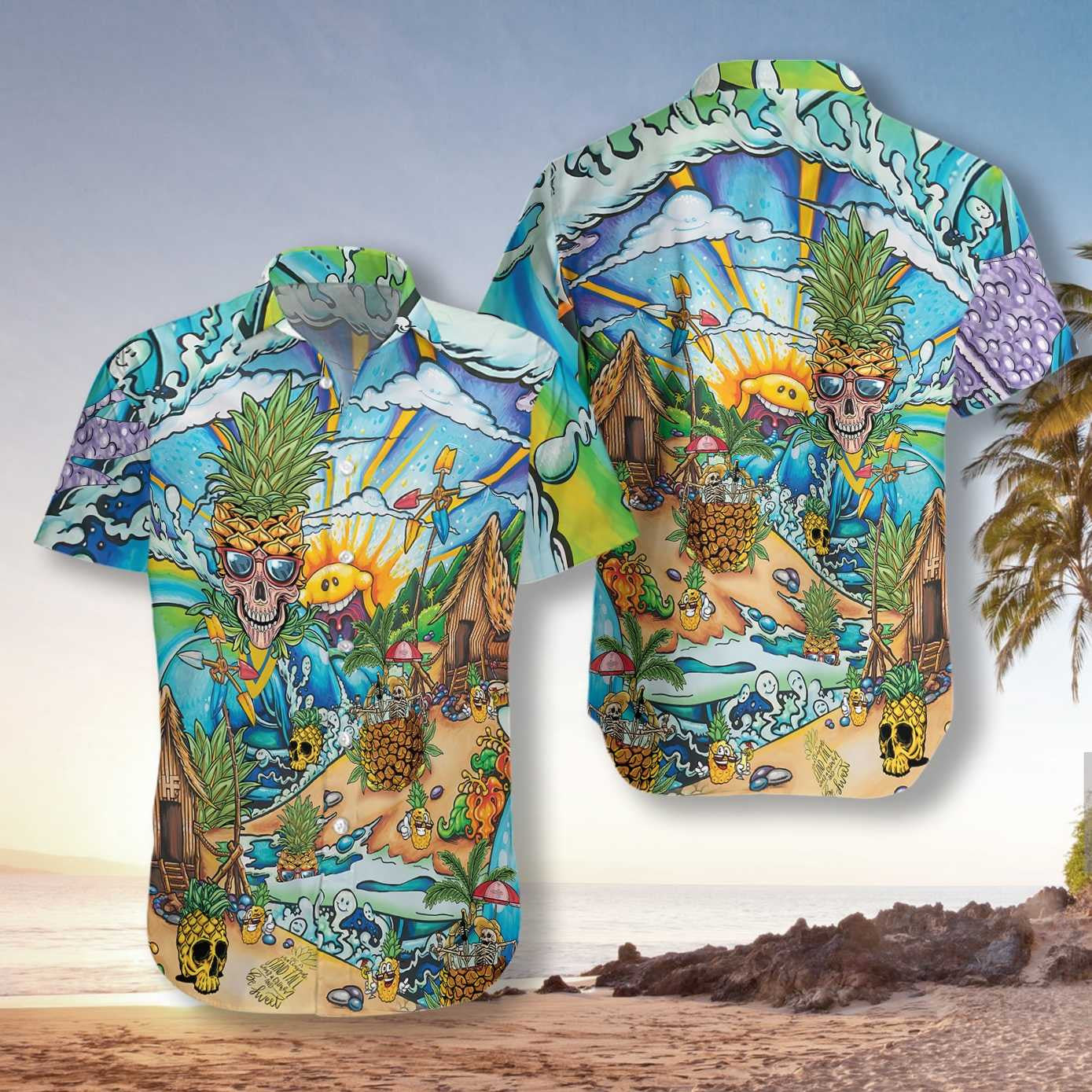 Pineapple Skull Beach Funny Design Hawaiian Shirt,Hawaiian Shirt Gift, Christmas Gift