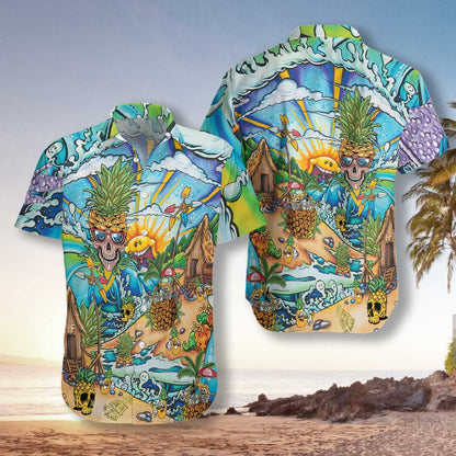 Pineapple Skull Beach Funny Design Hawaiian Shirt,Hawaiian Shirt Gift, Christmas Gift
