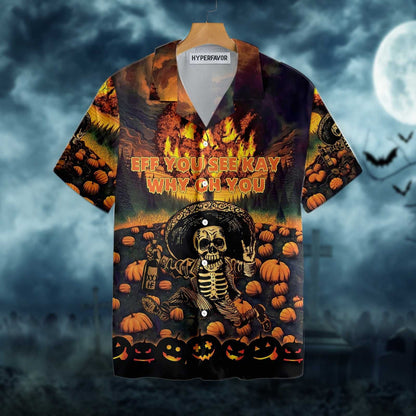 The Burning Pumpkin Sky And Skeleton Halloween Design Hawaiian Shirt, Hawaiian Shirt Gift, Christmas Gift