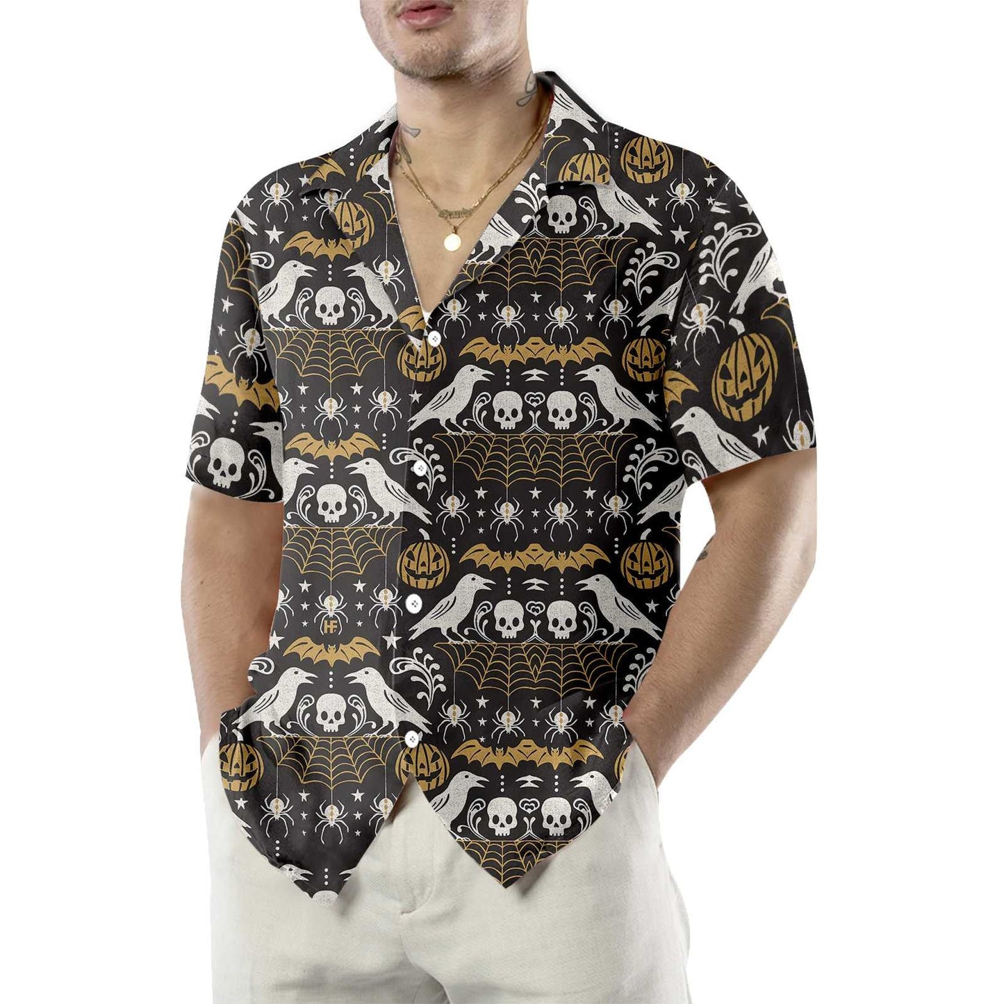 Oíche Shamhna Pumpkin Dubh Agus Gréasán Damhán alla Léine Haváianach drámatúil, Bronntanas Léine Haváíais, Bronntanas Nollag