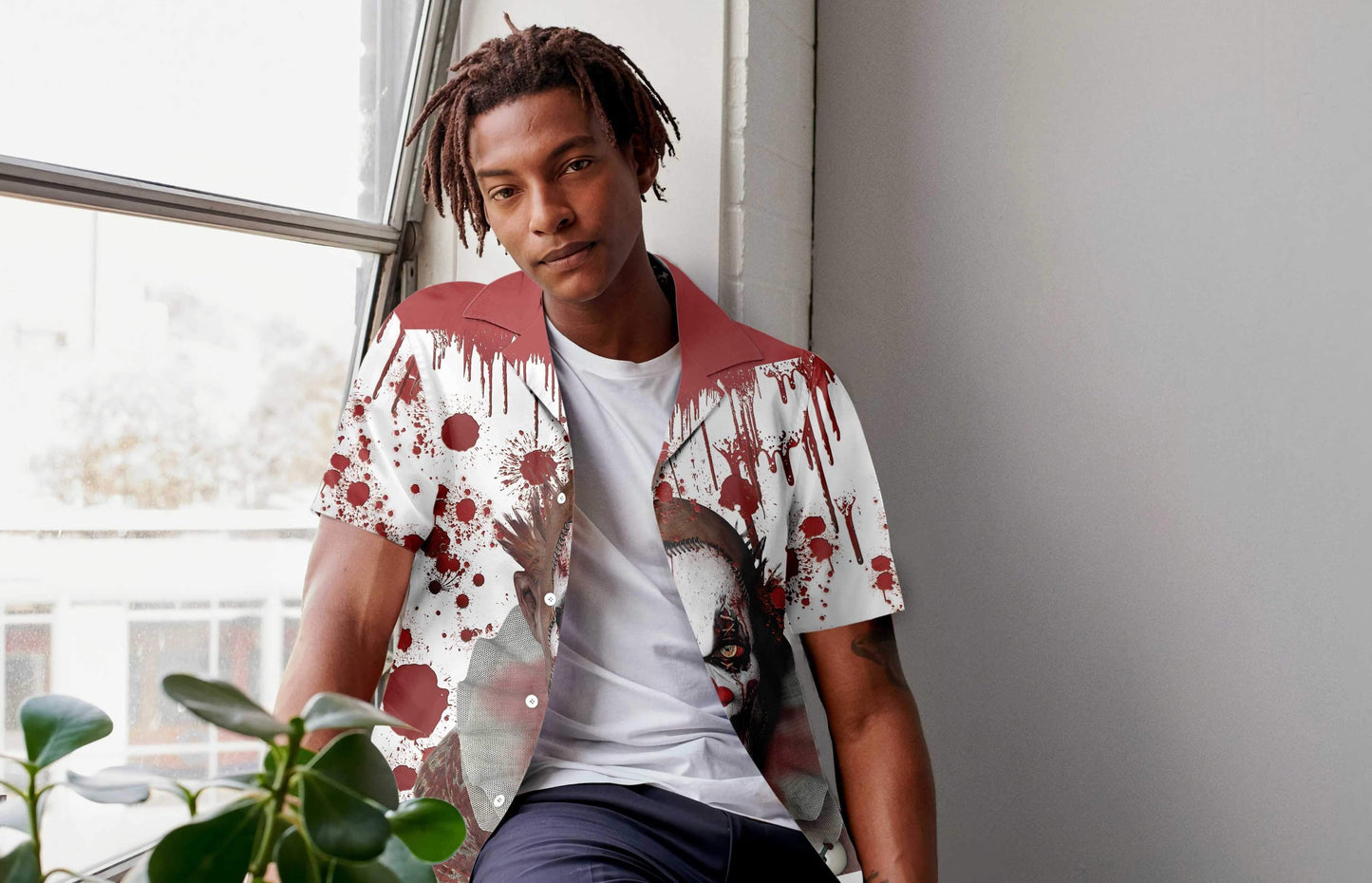 Aghaidheanna Scary Oíche Shamhna Clóirtheach Le Patrún Fola Dearadh Léine Haváís, Bronntanas Léine Haváís, Bronntanas Nollag