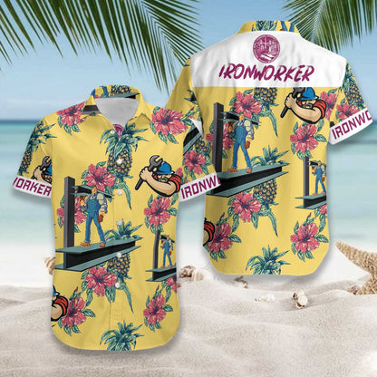 Ironworker Pineapple Seamless Pattern Yellow Background Hawaiian Shirt,Hawaiian Shirt Gift, Christmas Gift