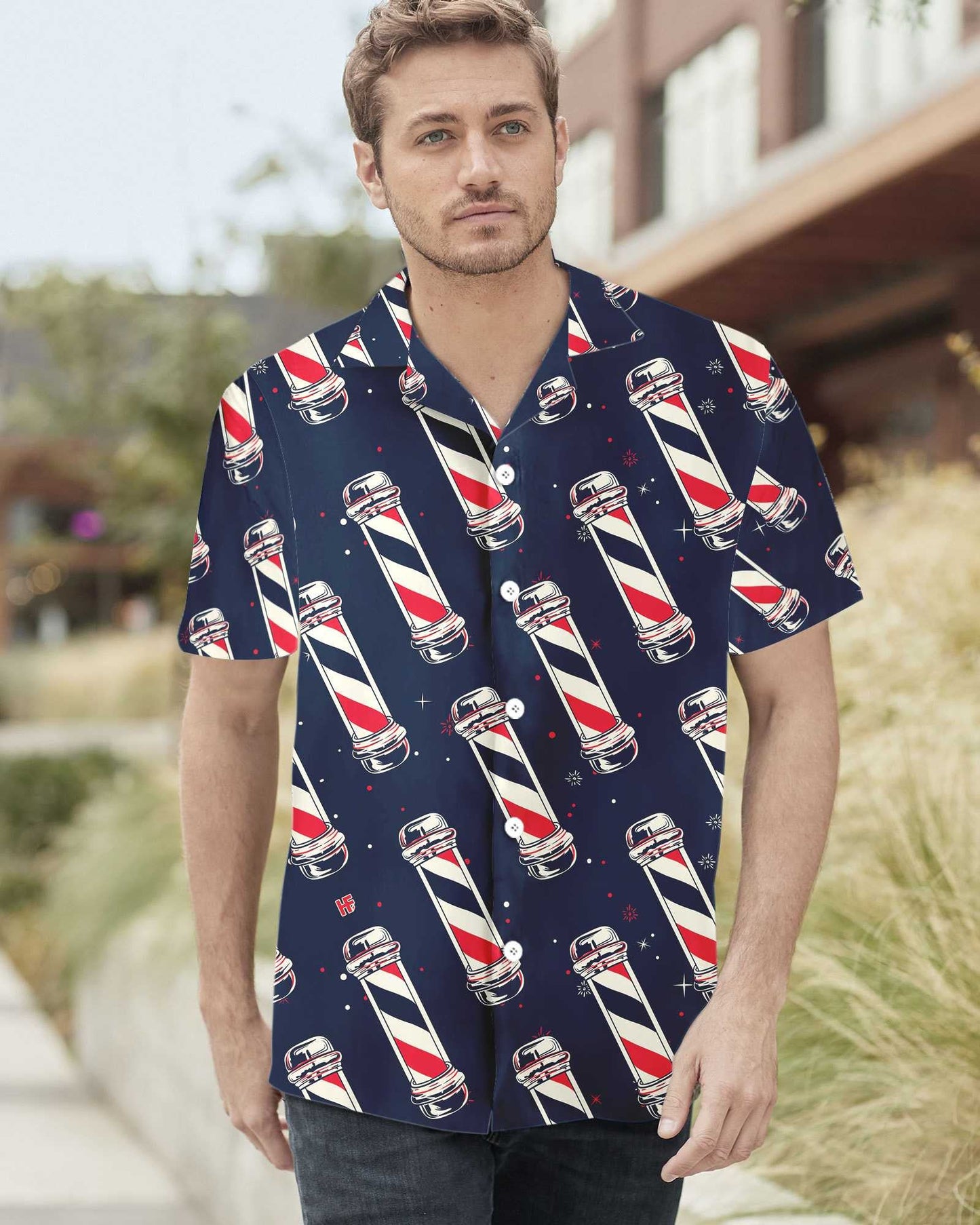 Barber Pole On Midnight Blue Design Hawaiian Shirt, Hawaiian For Gift