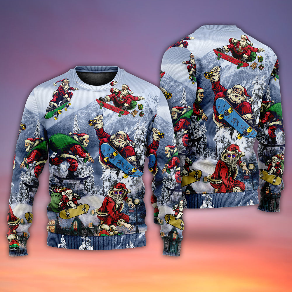 Christmas Santa Claus Skateboarding Snow Mountain Gift Light Art Style Ugly Christmas Sweater, Christmas Gift, Gift Christmas 2024