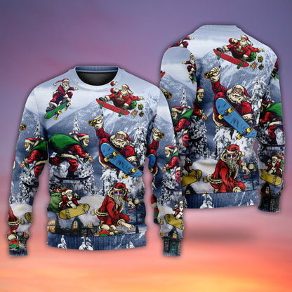 Christmas Santa Claus Skateboarding Snow Mountain Gift Light Art Style Ugly Christmas Sweater, Christmas Gift, Gift Christmas 2024