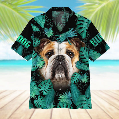 Face Of Bulldog In Palm Leaves Dramatic Hawaiian Shirt, Hawaiian Shirt Gift, Christmas Gift